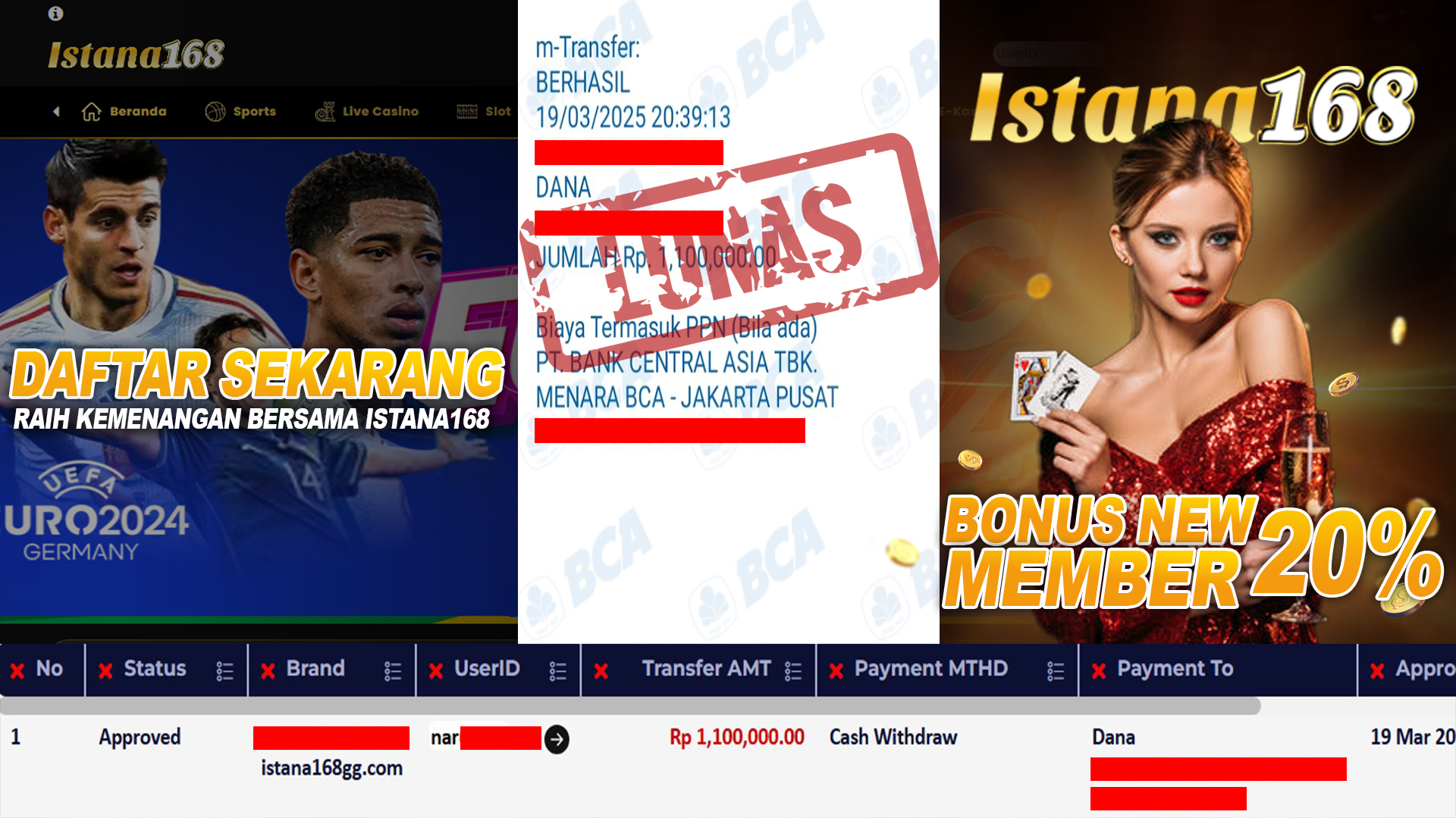 BUKTI KEMENANGAN WD MEMBER ISTANA168 IDR 1.100.000