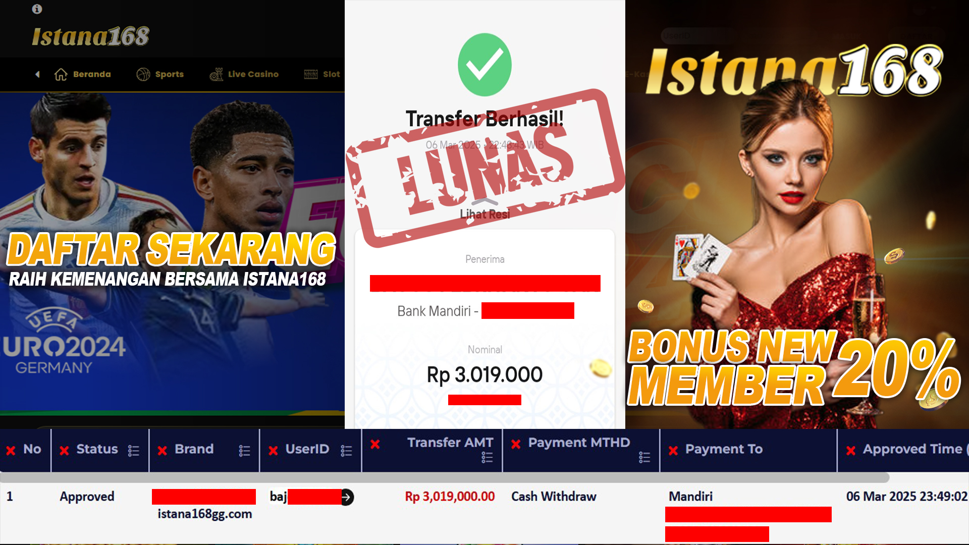 BUKTI KEMENANGAN WD MEMBER ISTANA168 IDR 3.019.000
