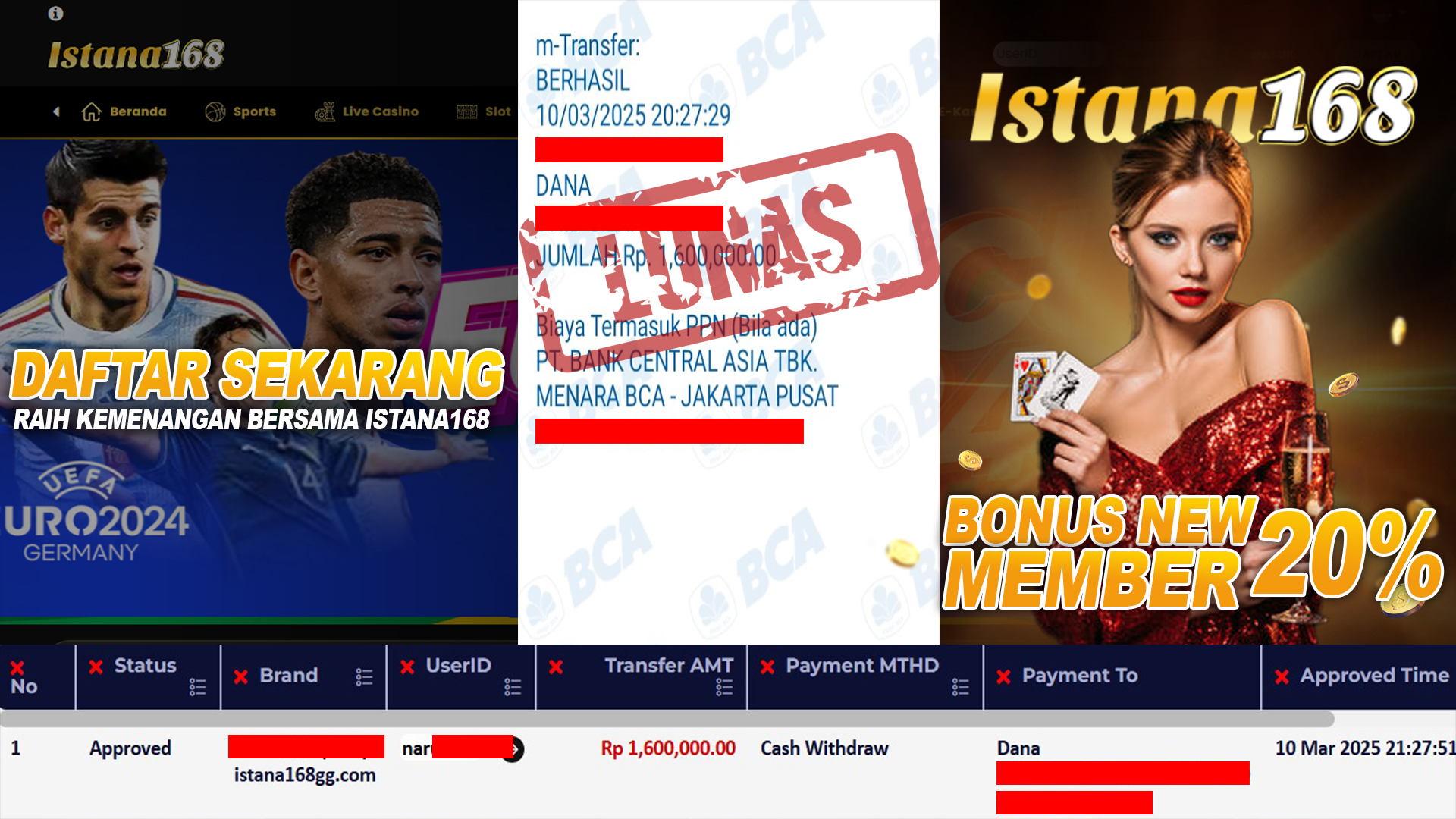 BUKTI KEMENANGAN WD MEMBER ISTANA168 IDR 1.600.000