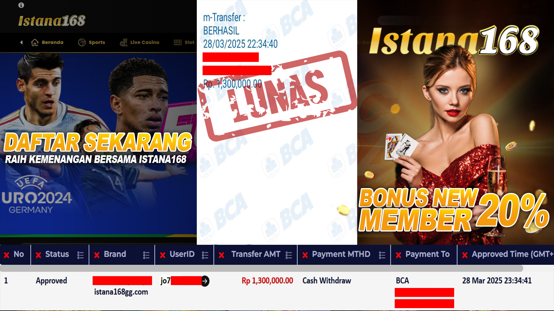 BUKTI KEMENANGAN WD MEMBER ISTANA168 IDR 1.300.000