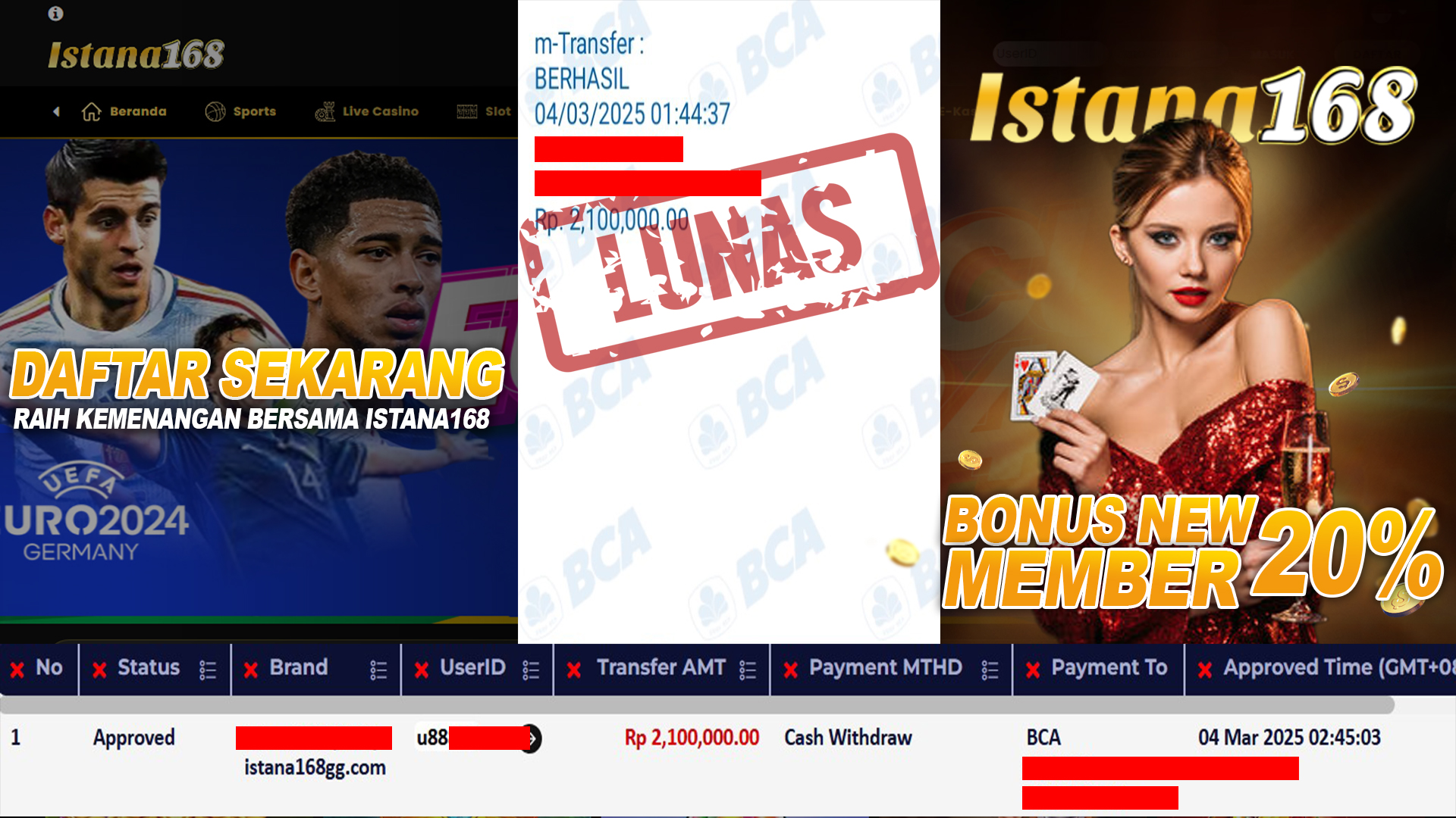 BUKTI KEMENANGAN WD MEMBER ISTANA168 IDR 2.100.000