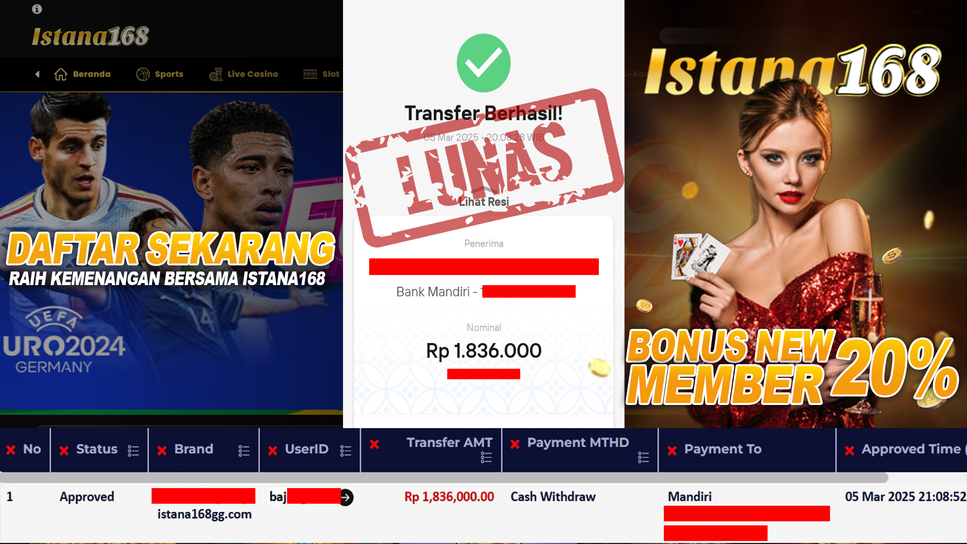 BUKTI KEMENANGAN WD MEMBER ISTANA168 IDR 1.836.000