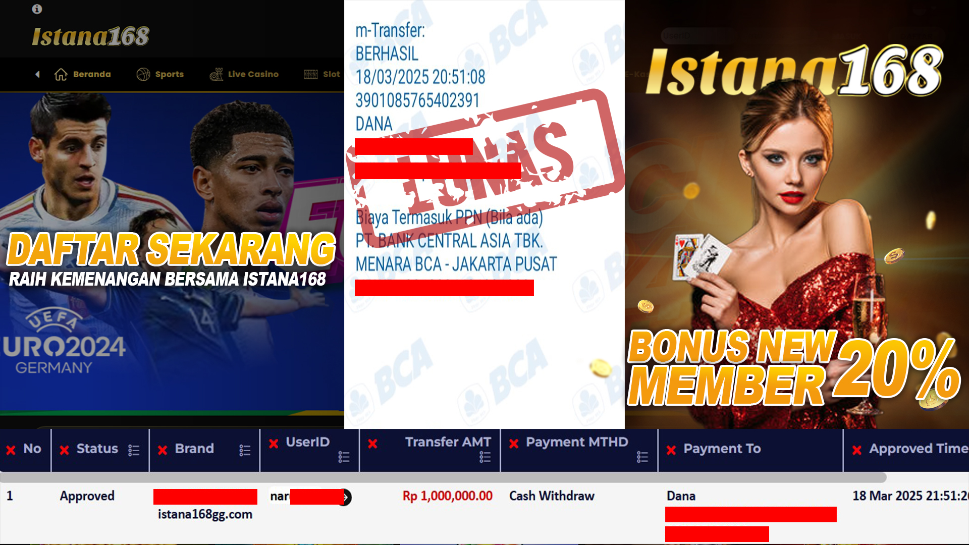 BUKTI KEMENANGAN WD MEMBER ISTANA168 IDR 1.000.000