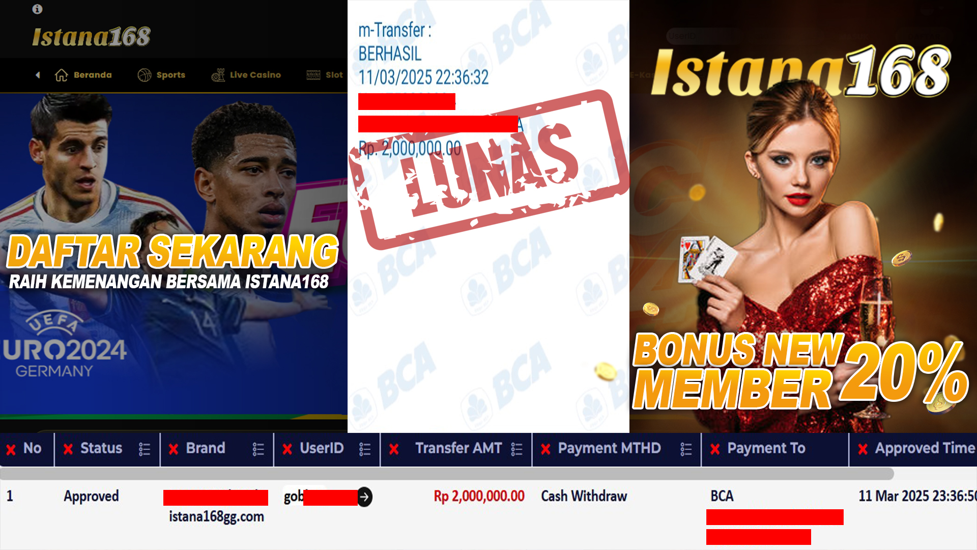 BUKTI KEMENANGAN WD MEMBER ISTANA168 IDR 2.000.000