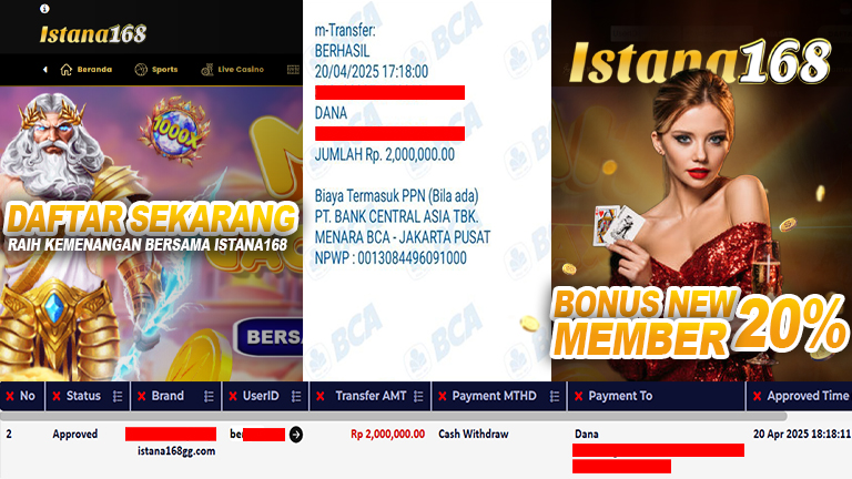 BUKTI KEMENANGAN WD MEMBER ISTANA168 IDR 2.000.000