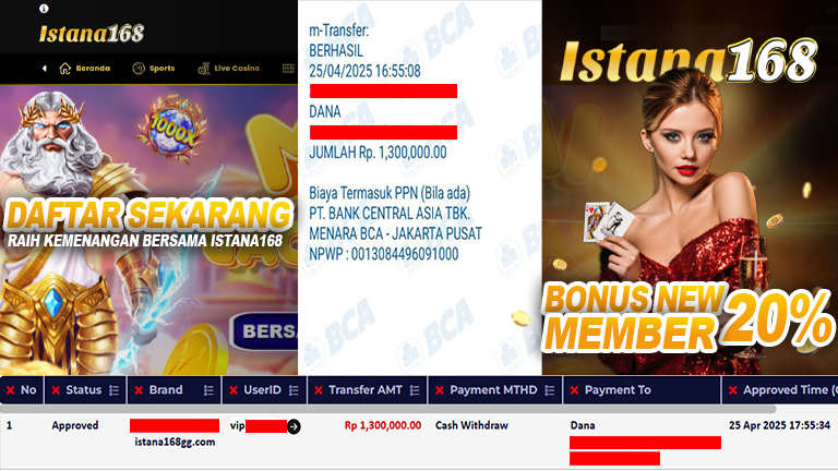 BUKTI KEMENANGAN WD MEMBER ISTANA168 IDR 1.300.000