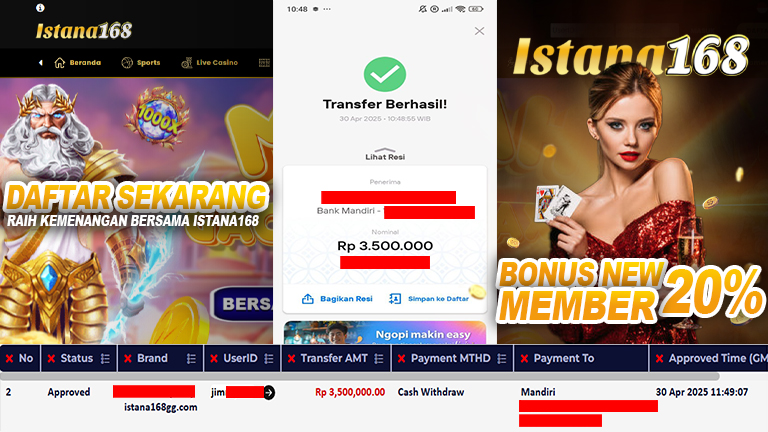BUKTI KEMENANGAN WD MEMBER ISTANA168 IDR 3.500.000
