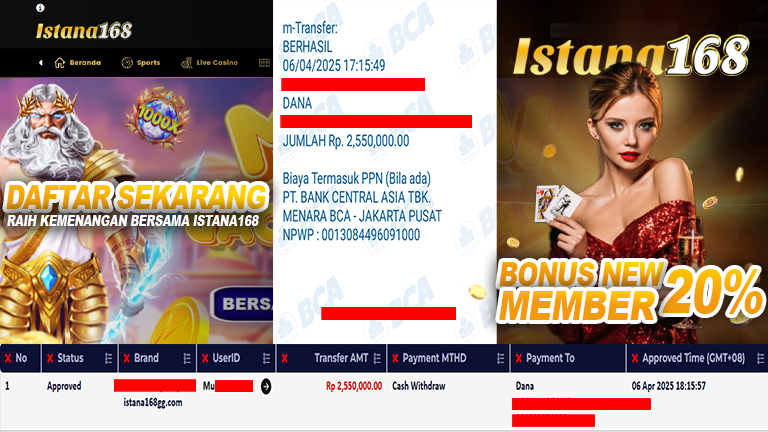 BUKTI KEMENANGAN WD MEMBER ISTANA168 IDR 2.550.000