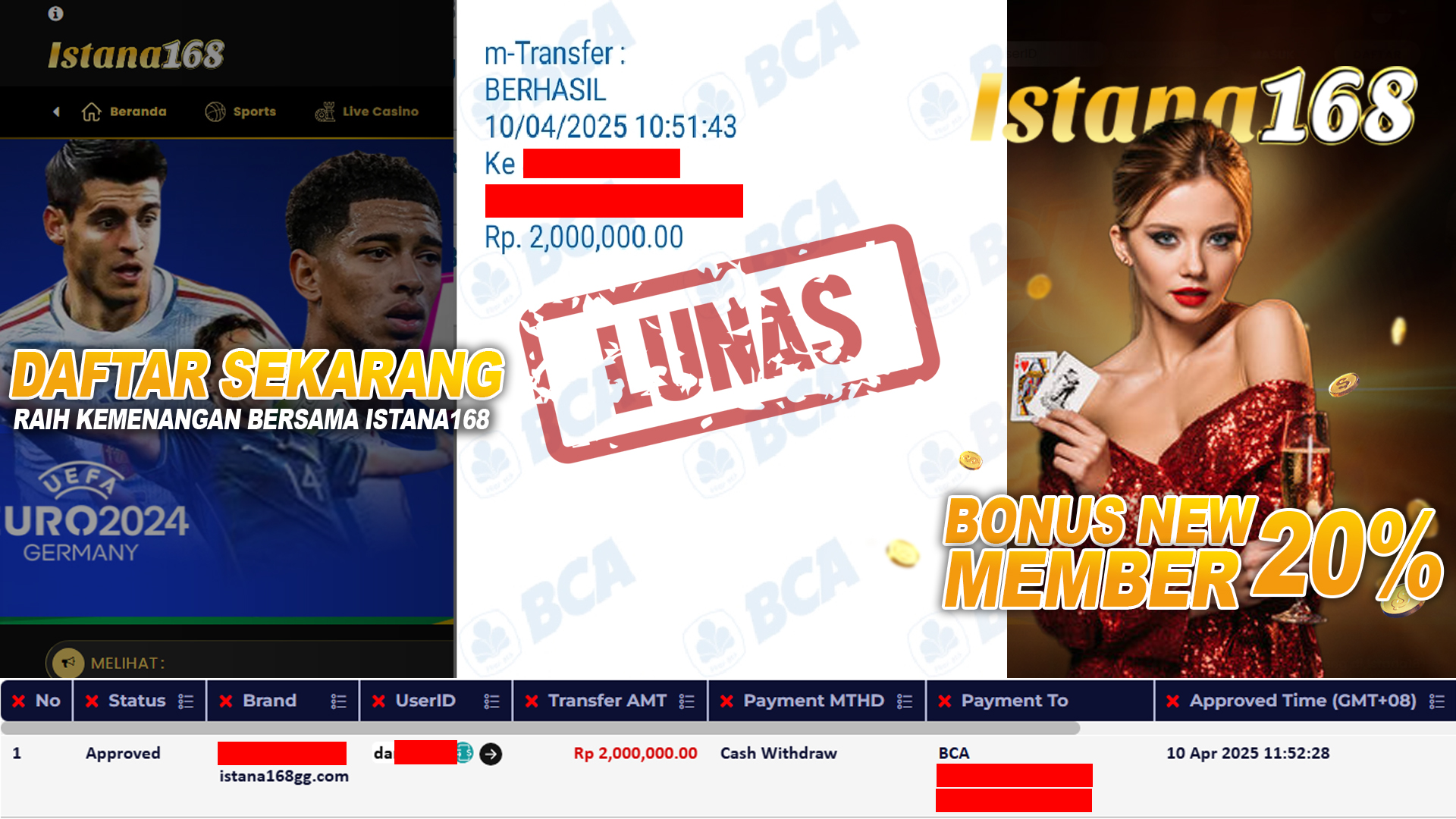 BUKTI KEMENANGAN WD MEMBER ISTANA168 IDR 2.000.000