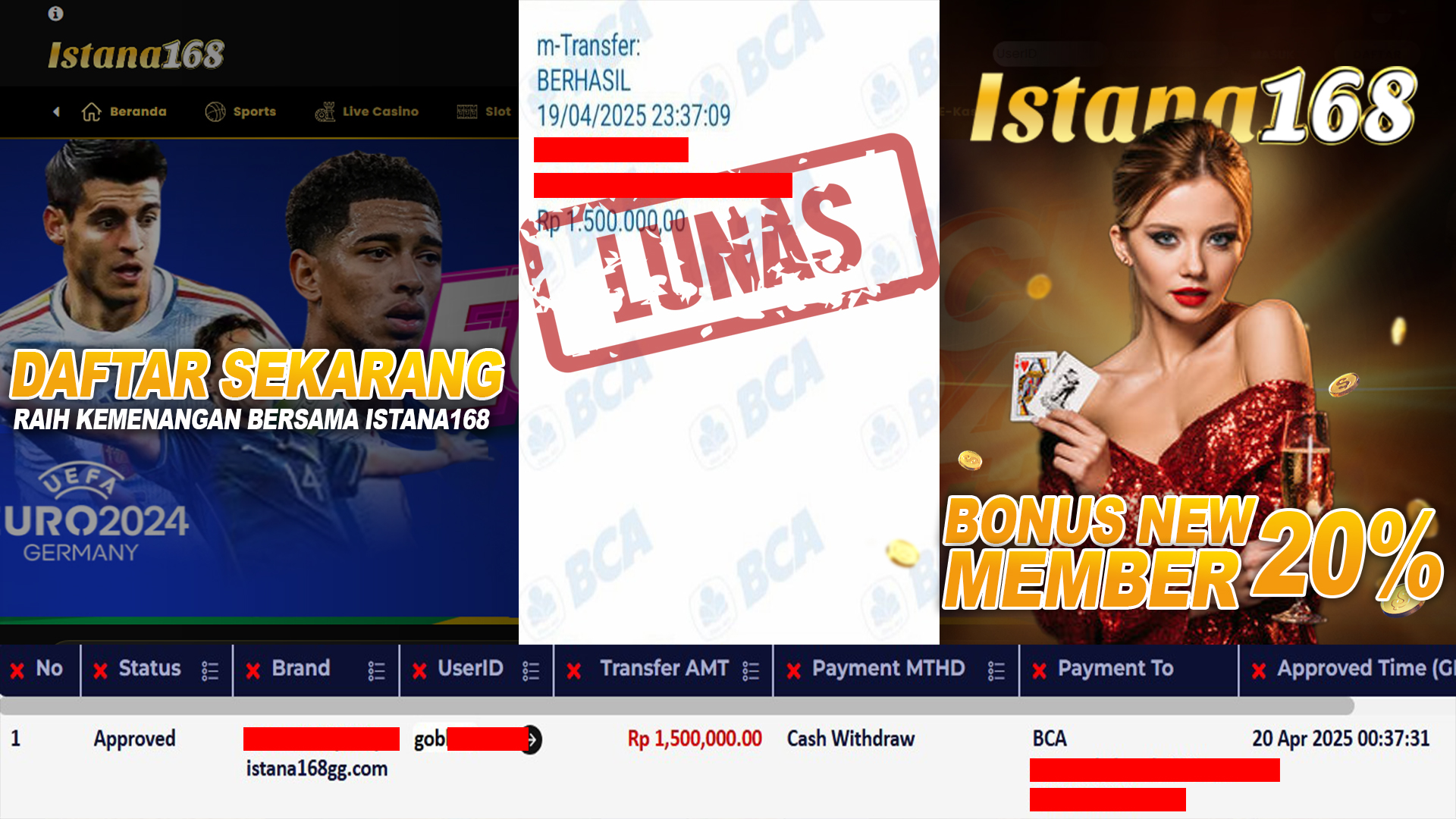 BUKTI KEMENANGAN WD MEMBER ISTANA168 IDR 1.500.000