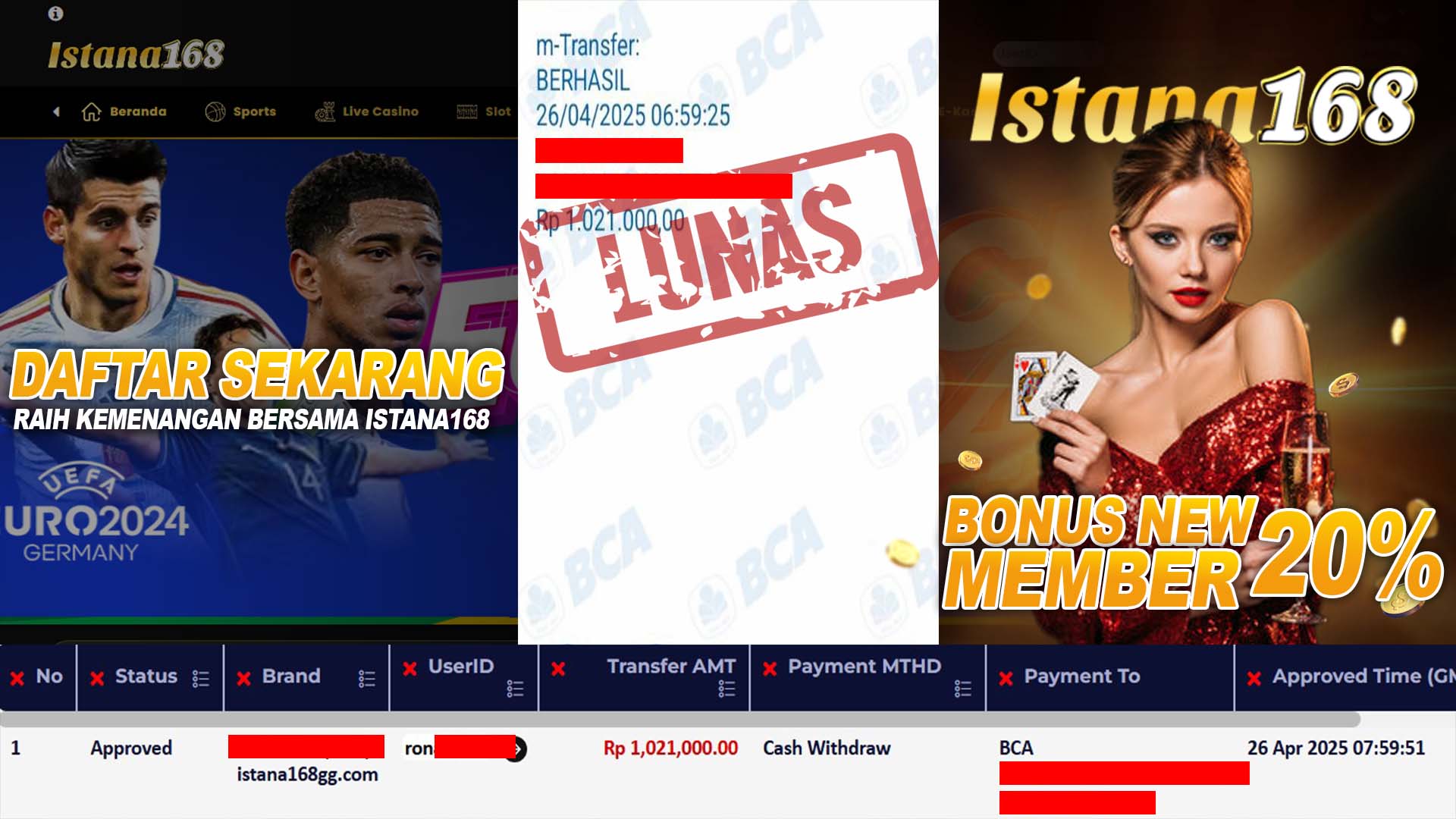 BUKTI KEMENANGAN WD MEMBER ISTANA168 IDR 1.021.000