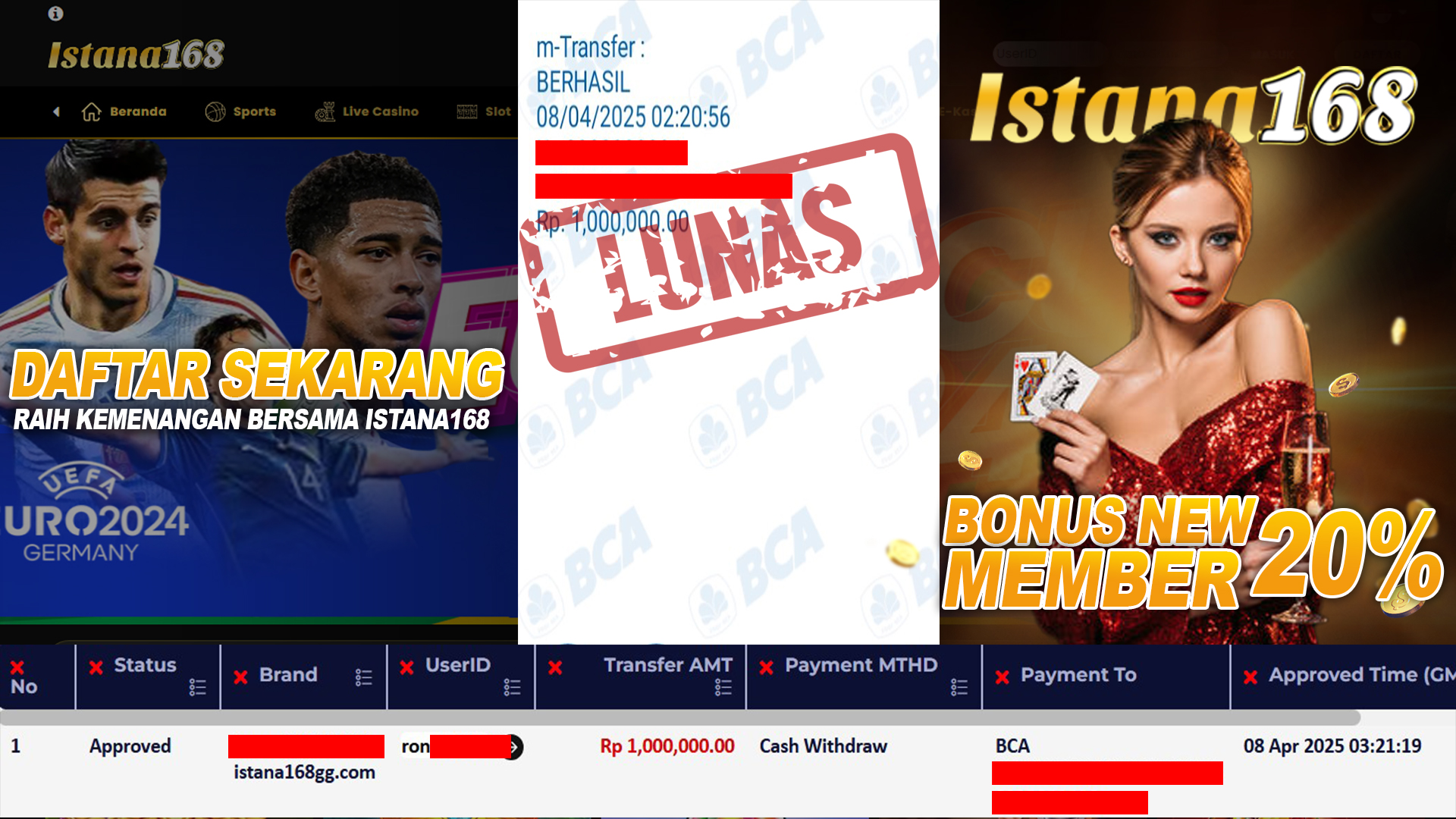 BUKTI KEMENANGAN WD MEMBER ISTANA168 IDR 1.000.000