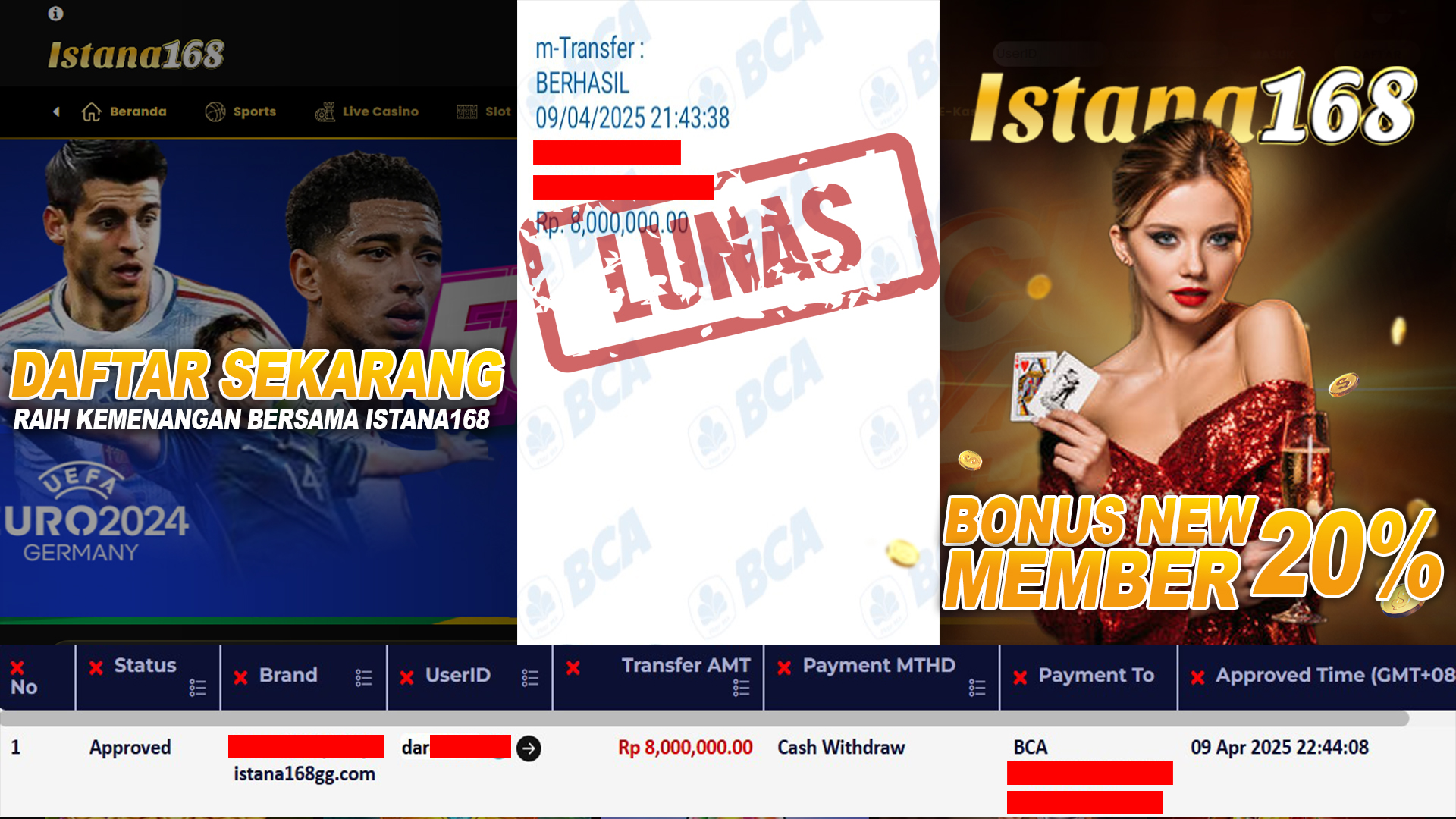 BUKTI KEMENANGAN WD MEMBER ISTANA168 IDR 8.000.000