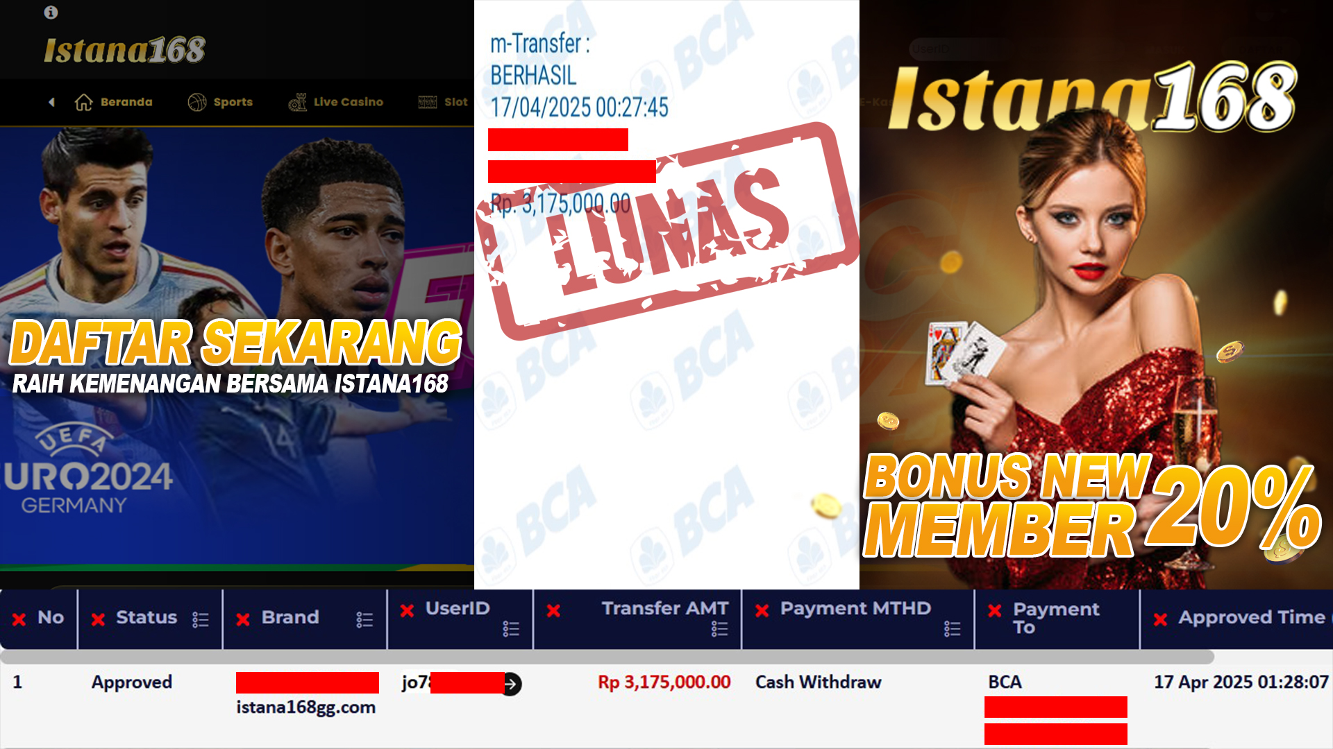 BUKTI KEMENANGAN WD MEMBER ISTANA168 IDR 3.175.000