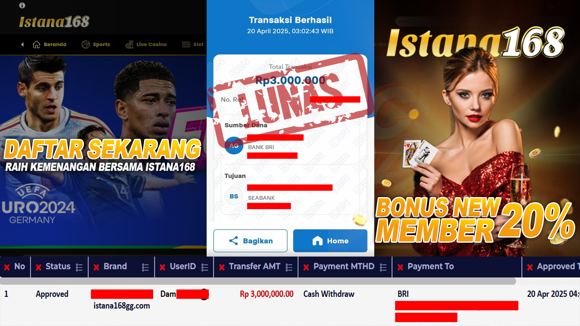 BUKTI KEMENANGAN WD MEMBER ISTANA168 IDR 3.000.000