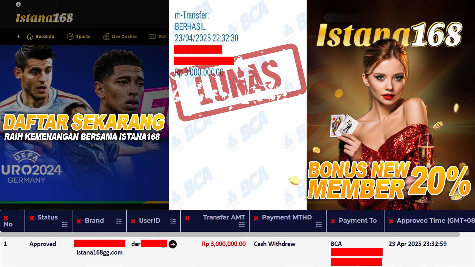 BUKTI KEMENANGAN WD MEMBER ISTANA168 IDR 3.000.000