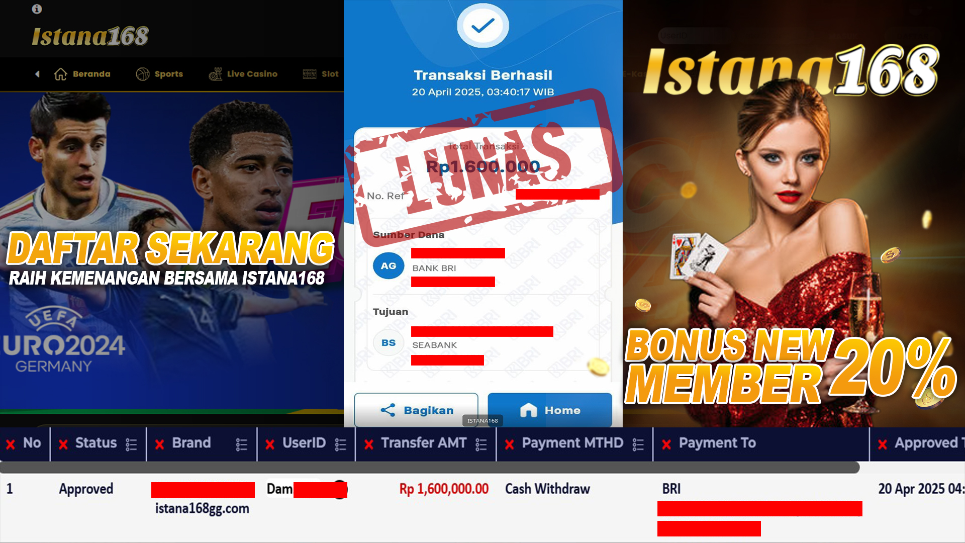 BUKTI KEMENANGAN WD MEMBER ISTANA168 IDR 1.600.000