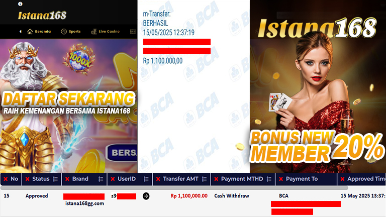 BUKTI KEMENANGAN WD MEMBER ISTANA168 IDR 1.000.000