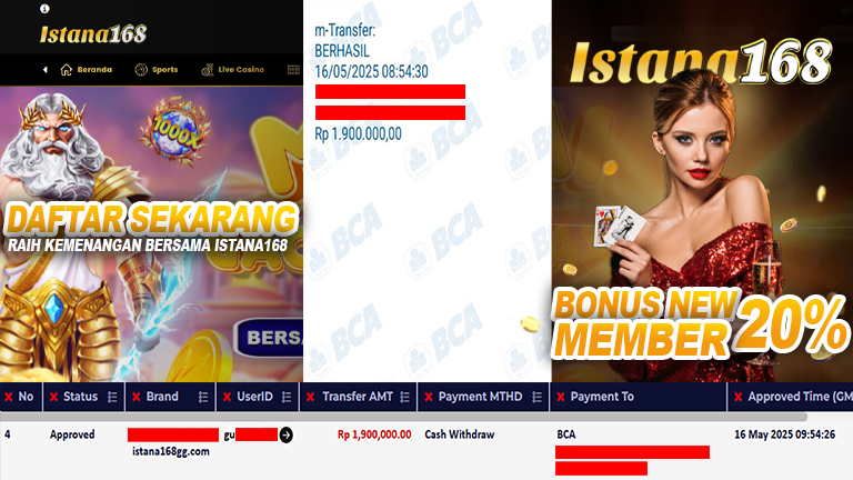 BUKTI KEMENANGAN WD MEMBER ISTANA168 IDR 1.900.000