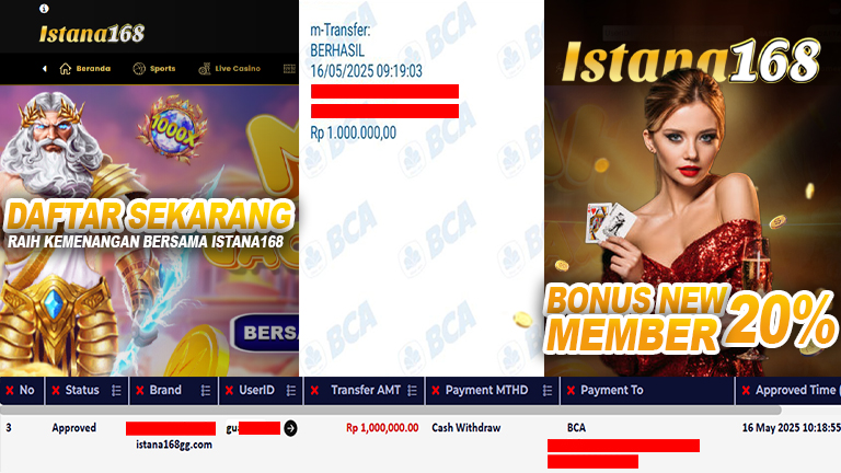 BUKTI KEMENANGAN WD MEMBER ISTANA168 IDR 1.000.000