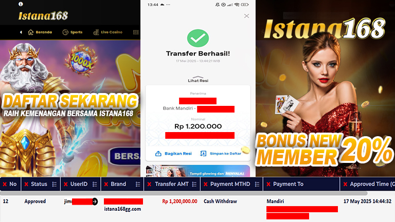 BUKTI KEMENANGAN WD MEMBER ISTANA168 IDR 1.200.000
