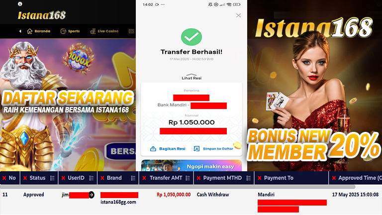 BUKTI KEMENANGAN WD MEMBER ISTANA168 IDR 1.050.000
