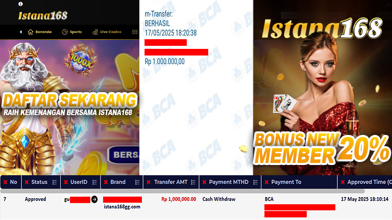 BUKTI KEMENANGAN WD MEMBER ISTANA168 IDR 1.000.000