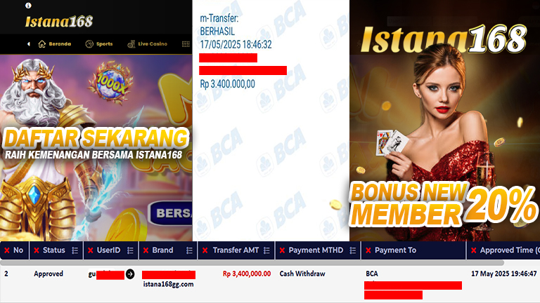 BUKTI KEMENANGAN WD MEMBER ISTANA168 IDR 3.400.000