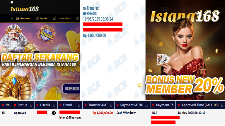 BUKTI KEMENANGAN WD MEMBER ISTANA168 IDR 1.000.000