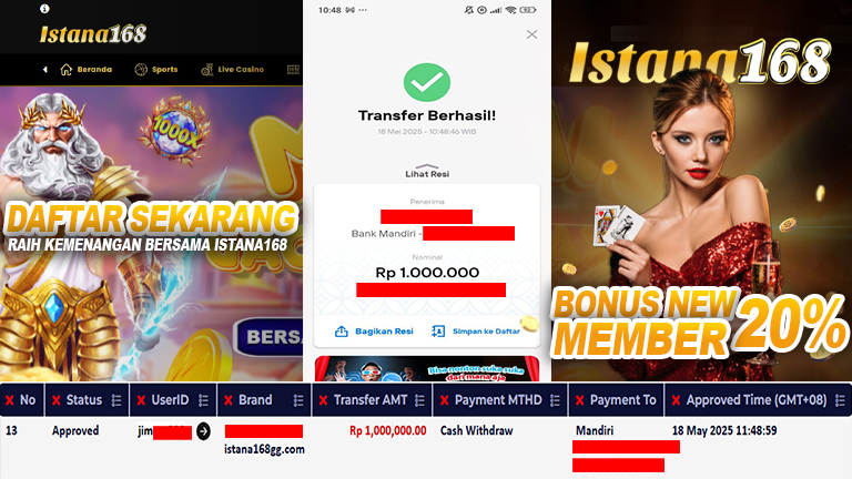 BUKTI KEMENANGAN WD MEMBER ISTANA168 IDR 1.000.000