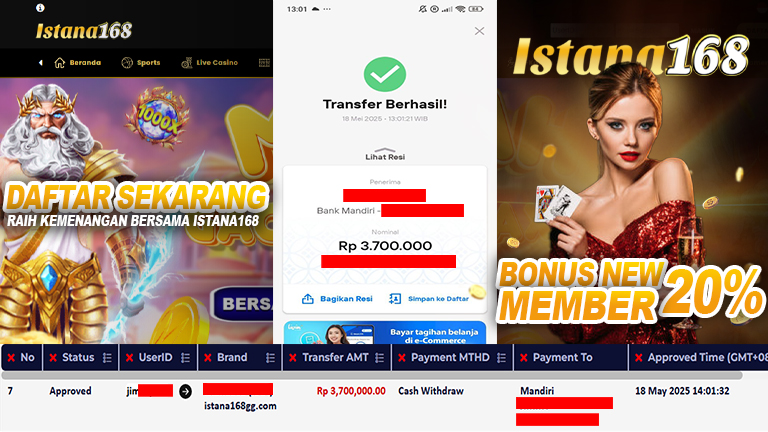 BUKTI KEMENANGAN WD MEMBER ISTANA168 IDR 3.700.000
