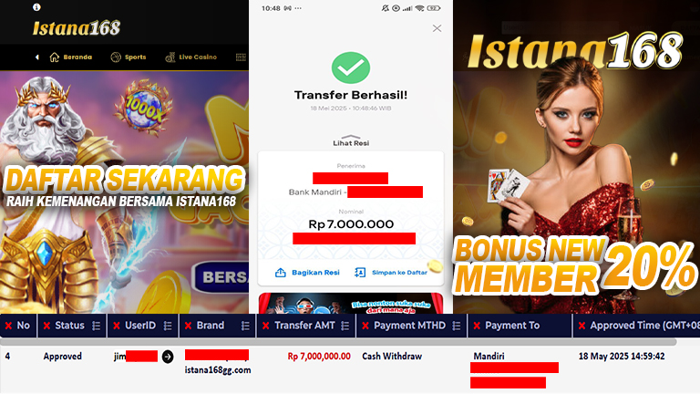 BUKTI KEMENANGAN WD MEMBER ISTANA168 IDR 7.000.000