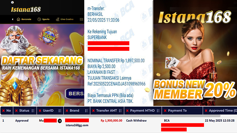 BUKTI KEMENANGAN WD MEMBER ISTANA168 IDR 1.900.000