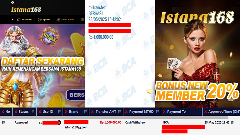 BUKTI KEMENANGAN WD MEMBER ISTANA168 IDR 1.000.000