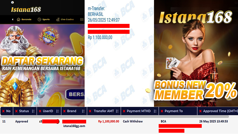 BUKTI KEMENANGAN WD MEMBER ISTANA168 IDR 1.100.000