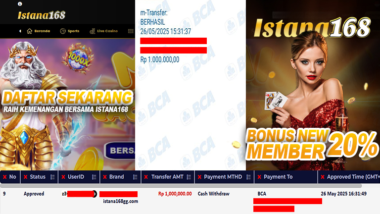 BUKTI KEMENANGAN WD MEMBER ISTANA168 IDR 1.000.000