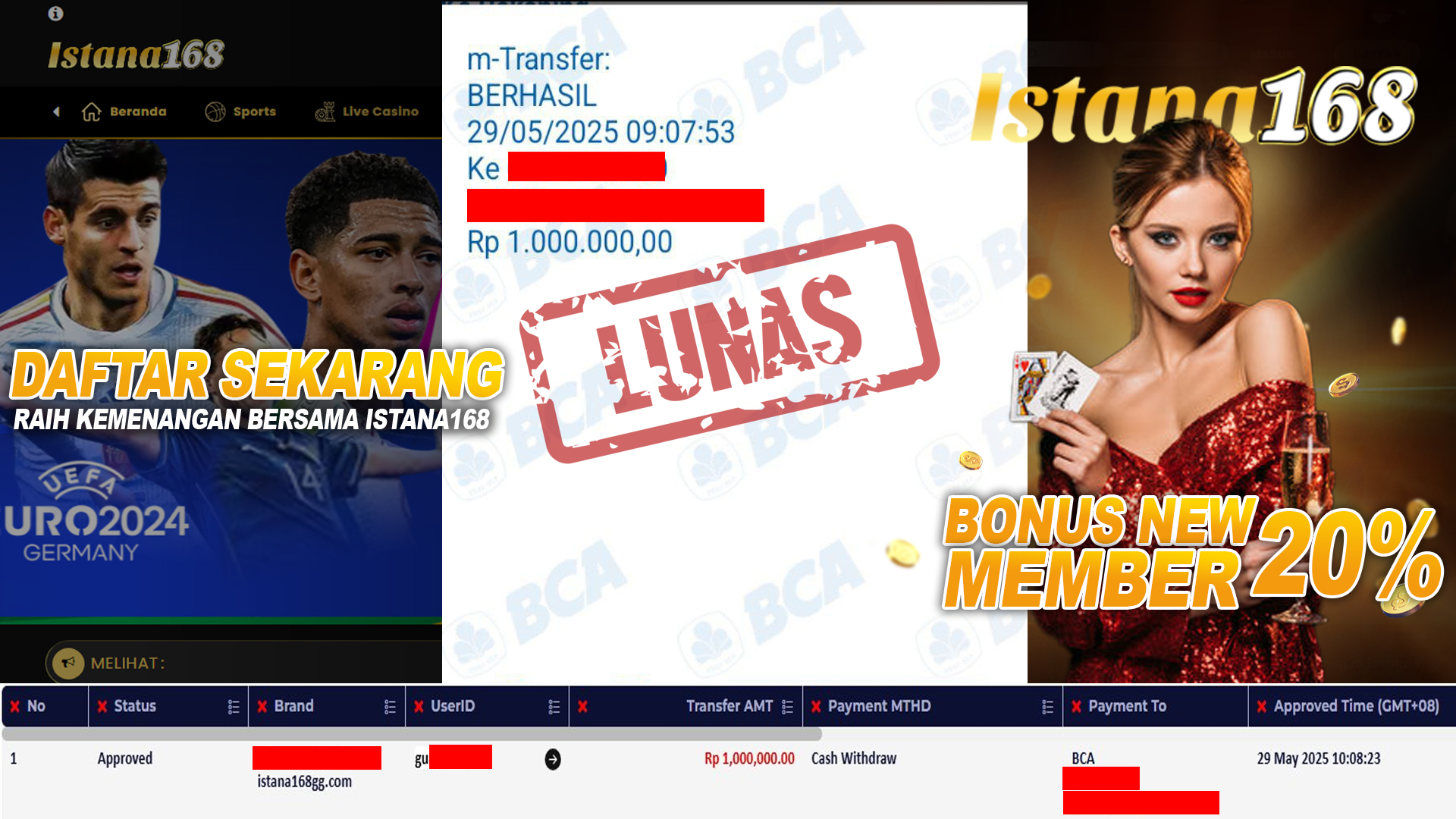 BUKTI KEMENANGAN WD MEMBER ISTANA168 IDR 1.000.000