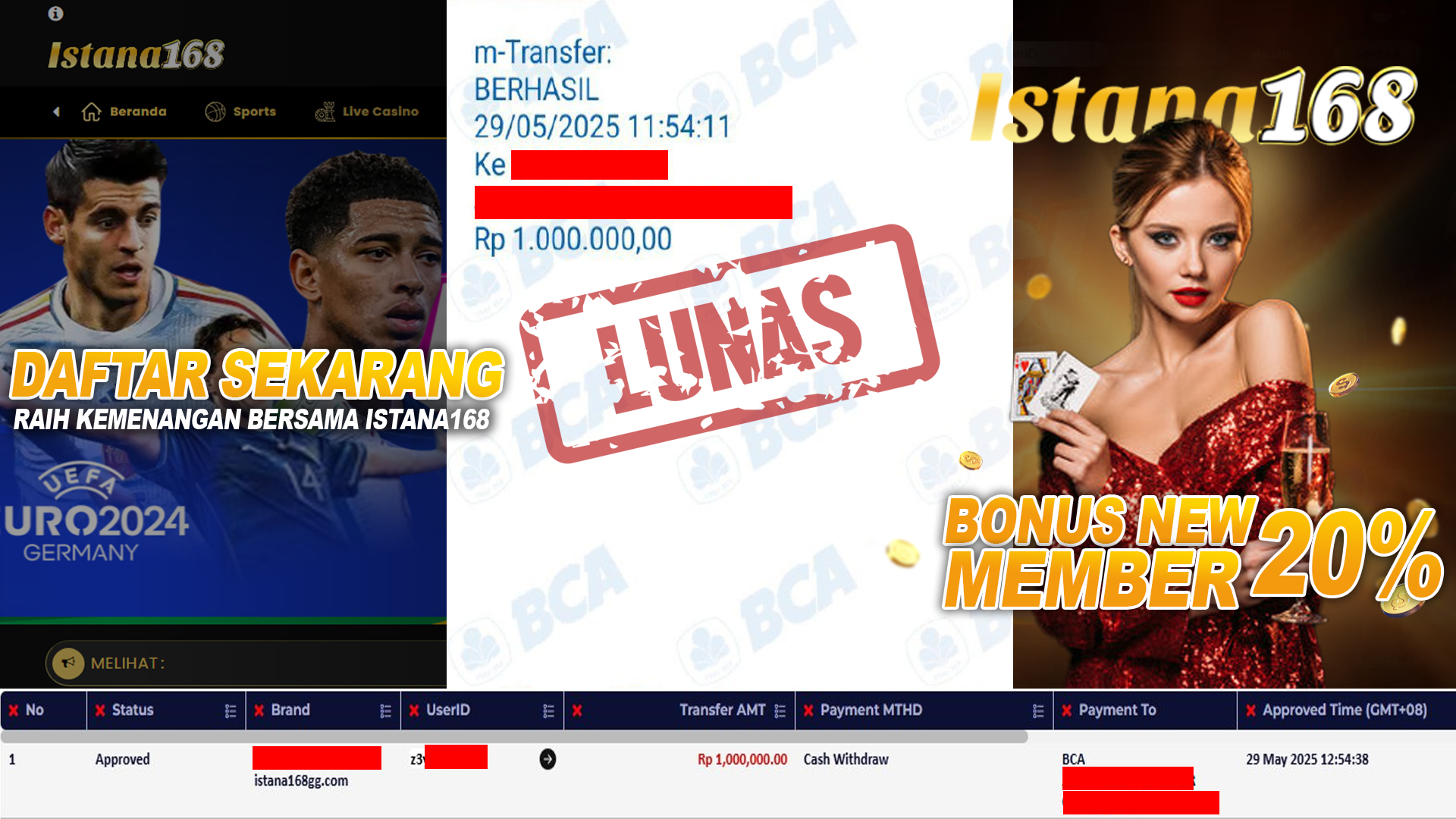 BUKTI KEMENANGAN WD MEMBER ISTANA168 IDR 1.000.000