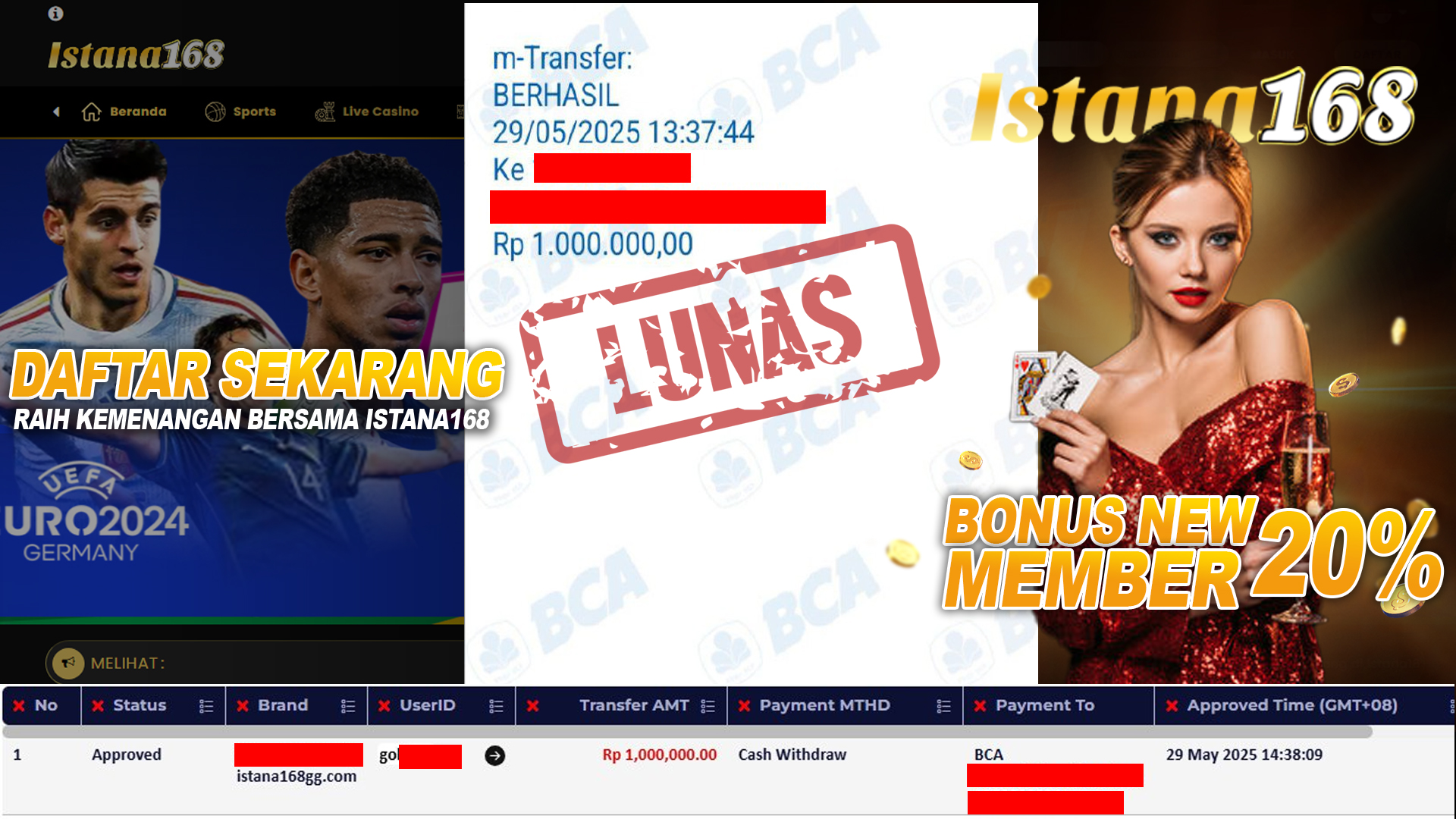 BUKTI KEMENANGAN WD MEMBER ISTANA168 IDR 1.000.000