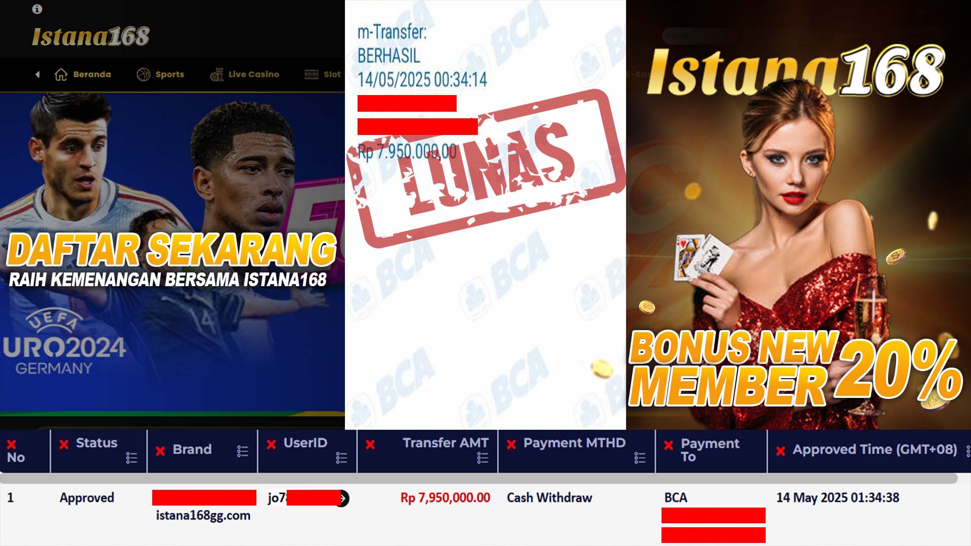 BUKTI KEMENANGAN WD MEMBER ISTANA168 IDR 7.950.000