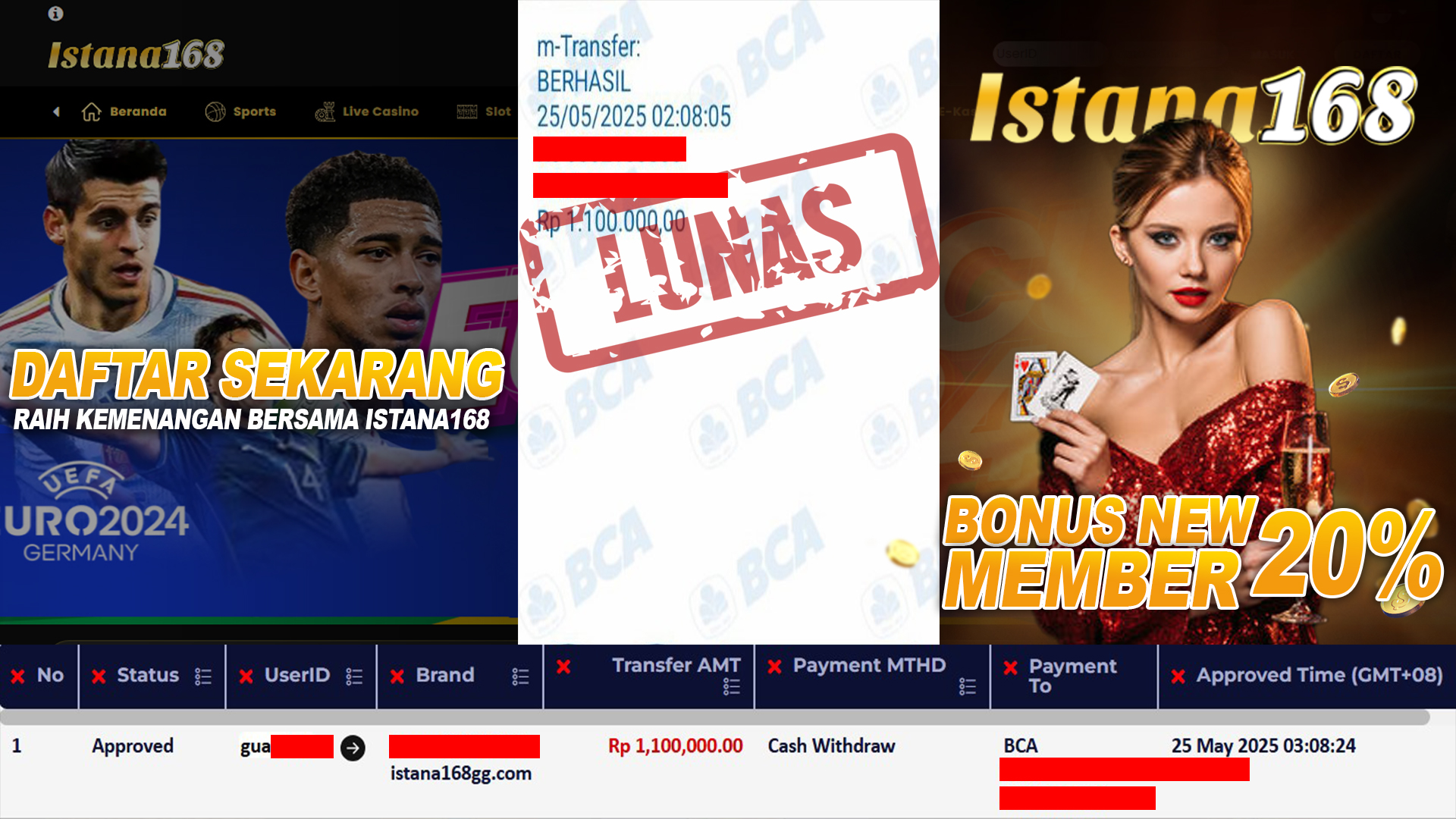 BUKTI KEMENANGAN WD MEMBER ISTANA168 IDR 1.100.000