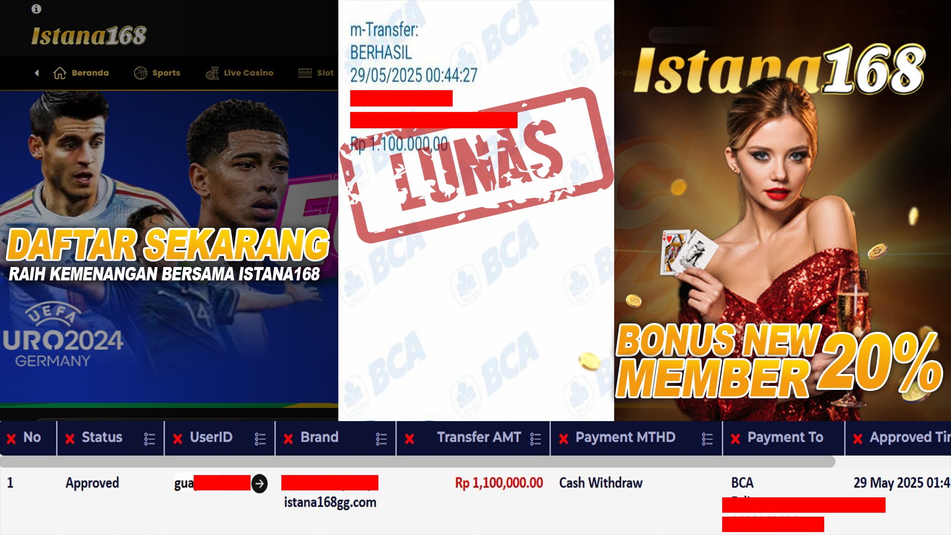 BUKTI KEMENANGAN WD MEMBER ISTANA168 IDR 1.100.000