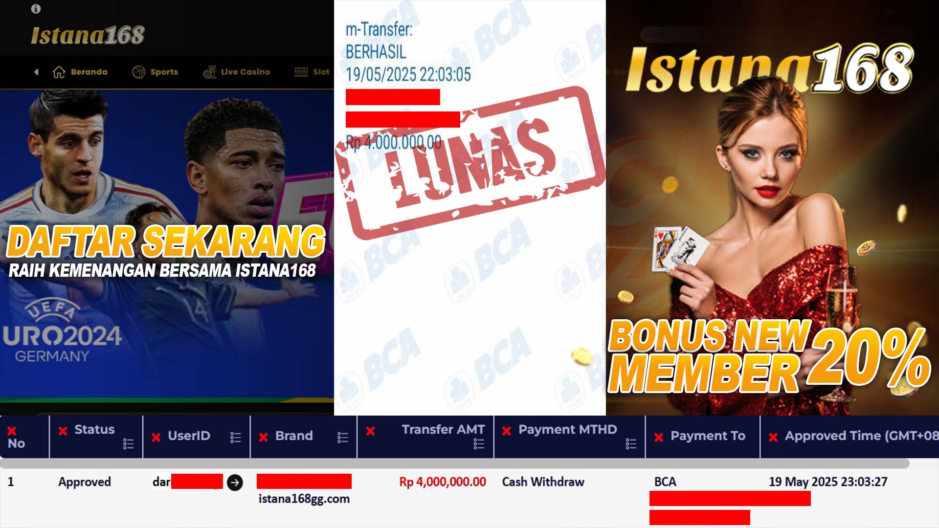 BUKTI KEMENANGAN WD MEMBER ISTANA168 IDR 4.000.000