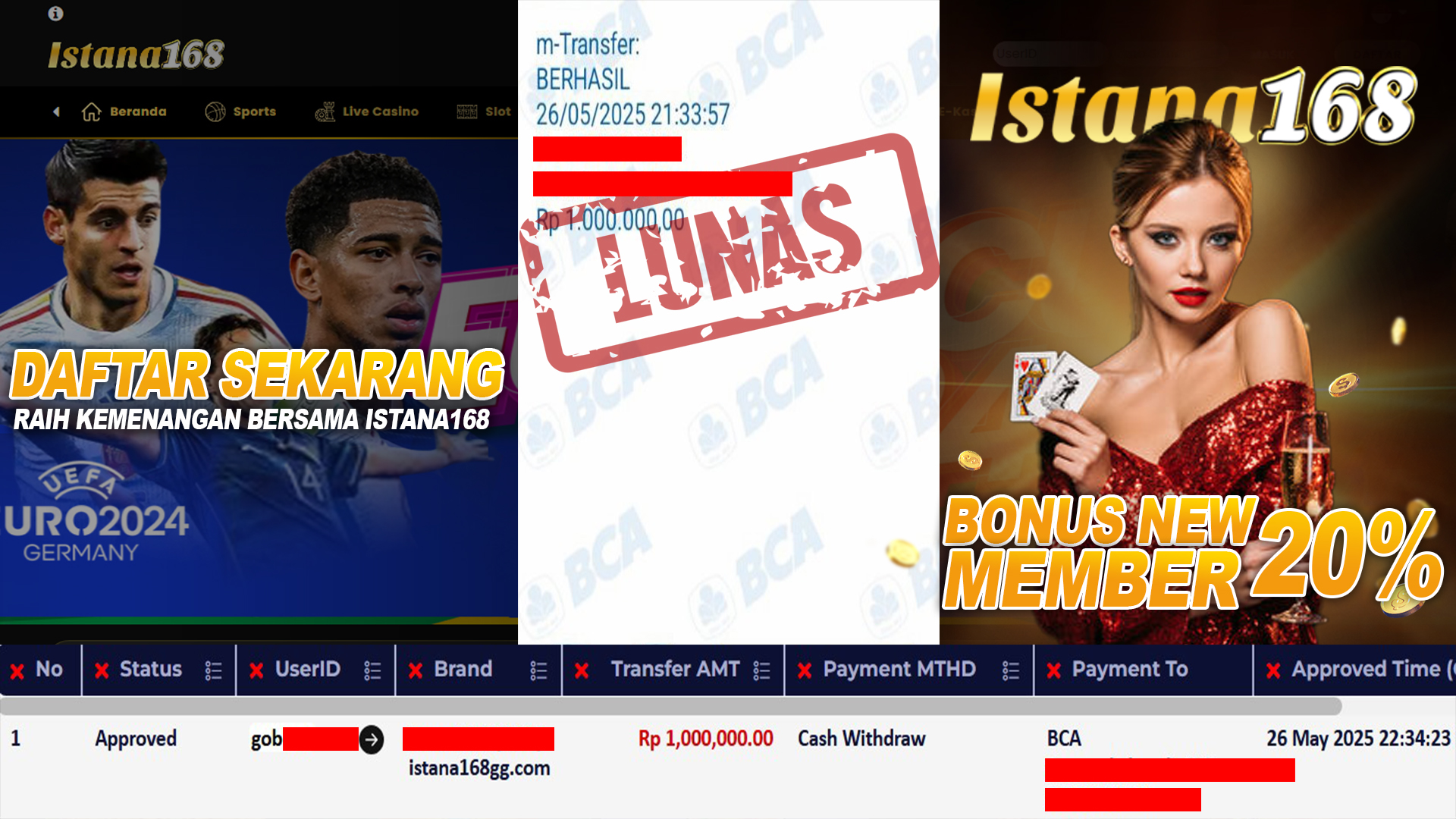 BUKTI KEMENANGAN WD MEMBER ISTANA168 IDR 1.000.000
