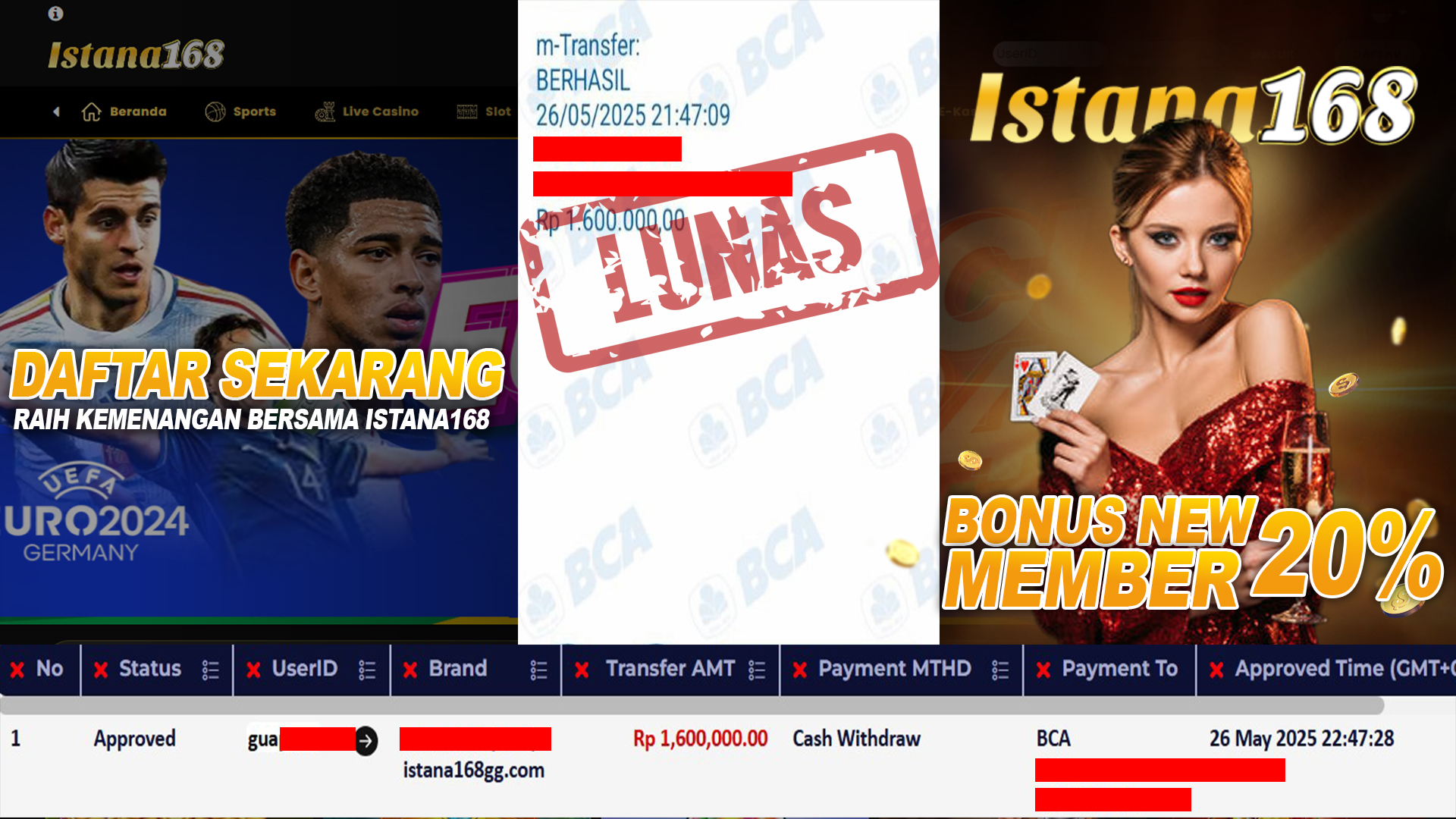 BUKTI KEMENANGAN WD MEMBER ISTANA168 IDR 1.600.000
