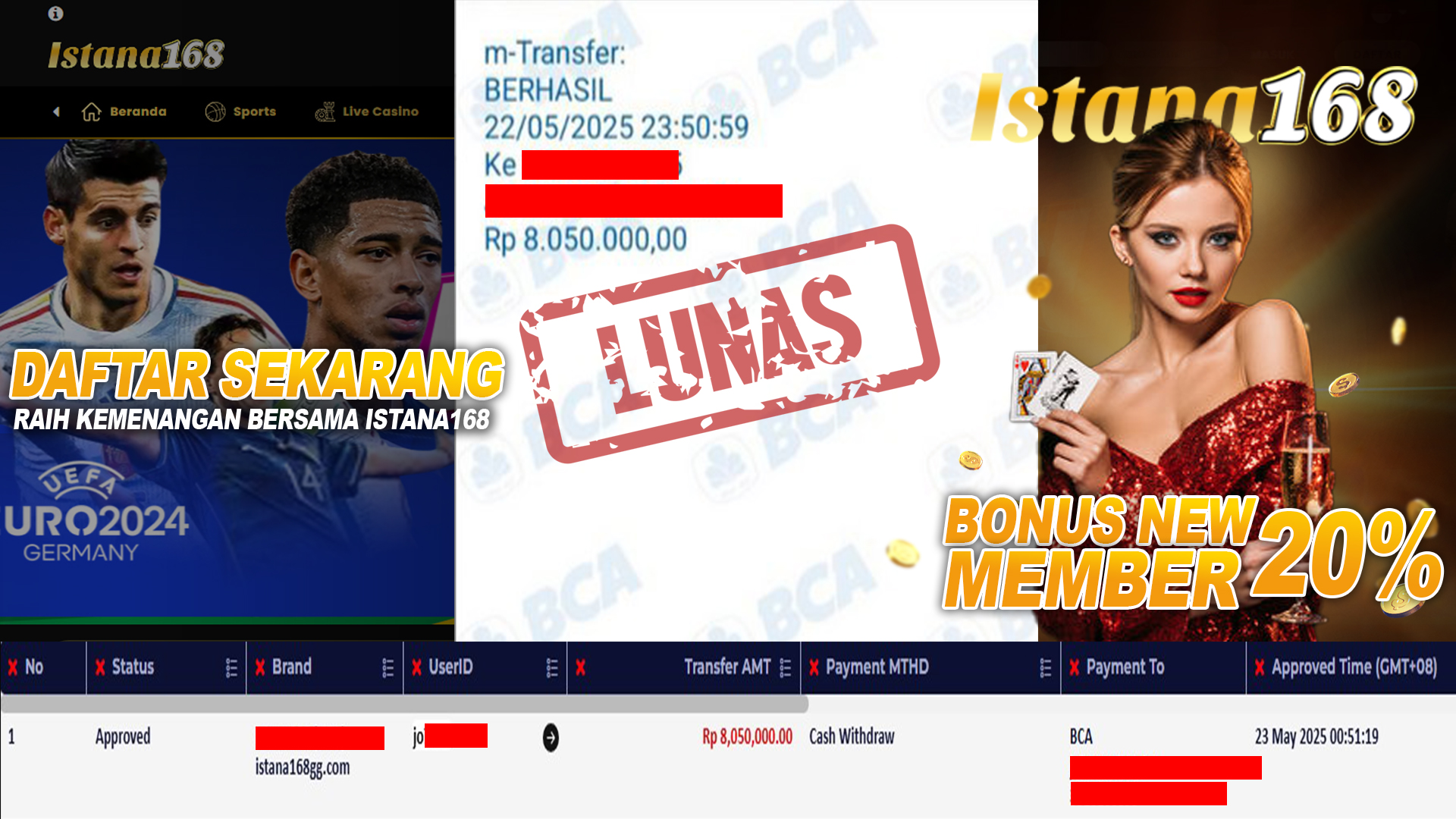 BUKTI KEMENANGAN WD MEMBER ISTANA168 IDR 8.050.000