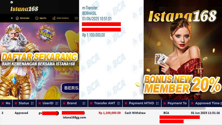 BUKTI KEMENANGAN WD MEMBER ISTANA168 IDR 1.100.000