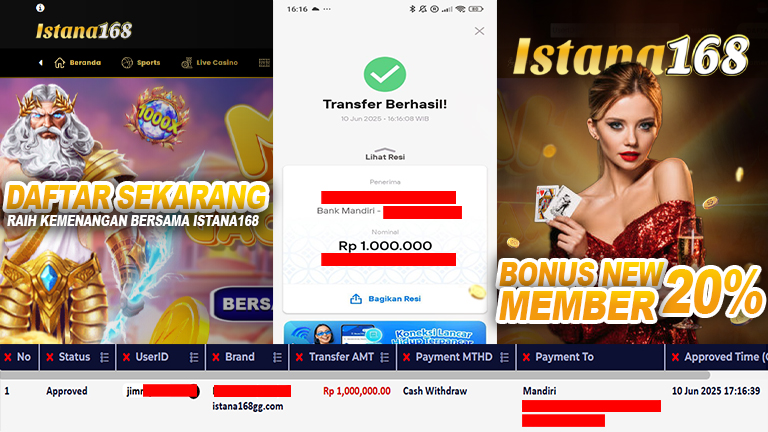 BUKTI KEMENANGAN WD MEMBER ISTANA168 IDR 1.000.000