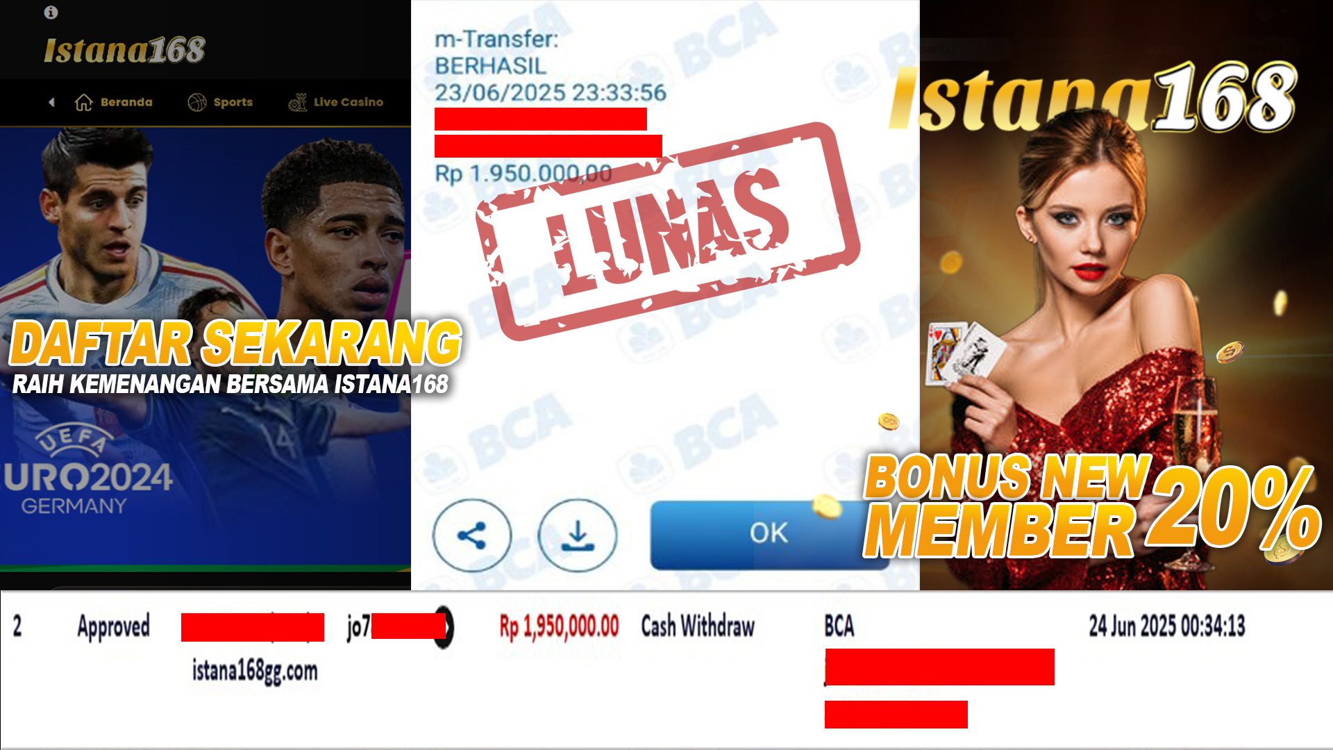 BUKTI KEMENANGAN WD MEMBER ISTANA168 IDR 1.950.000