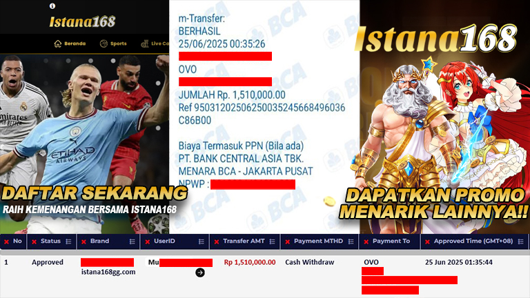 BUKTI KEMENANGAN WD MEMBER ISTANA168 IDR 1.510.000